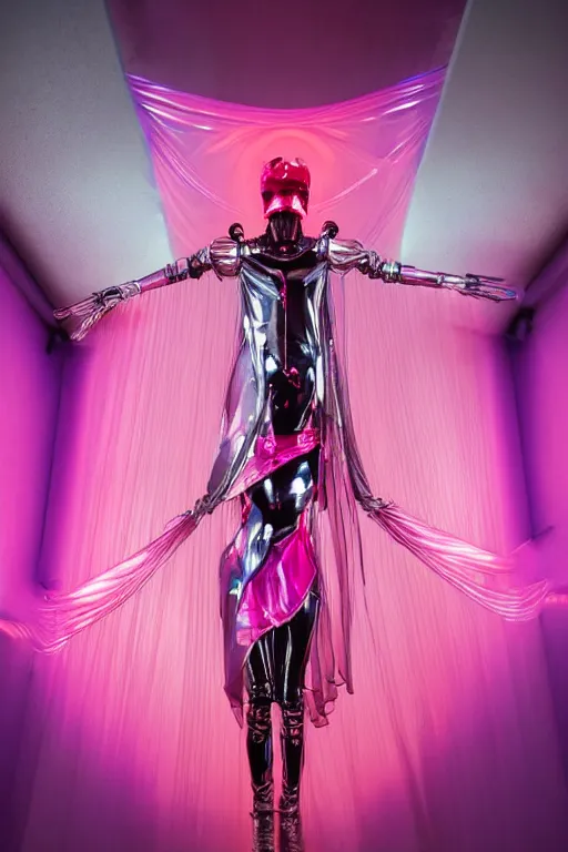 Image similar to full-body baroque and bladerunner style pink neon and chrome statue of a muscular handsome pale priest robot god humanoid wearing a see-through silk cloak sim roupa, posing like a falling model, suspended from the ceiling with wire cables, glowing peach face, street hoody of red steampunk lasers, emeralds, swirling silver silk fabric. futuristic elements. oozing glowing liquid, full-length view. space robots. human skulls. throne made of bones, intricate artwork by caravaggio. Trending on artstation, octane render, cinematic lighting from the right, hyper realism, octane render, 8k, depth of field, 3D