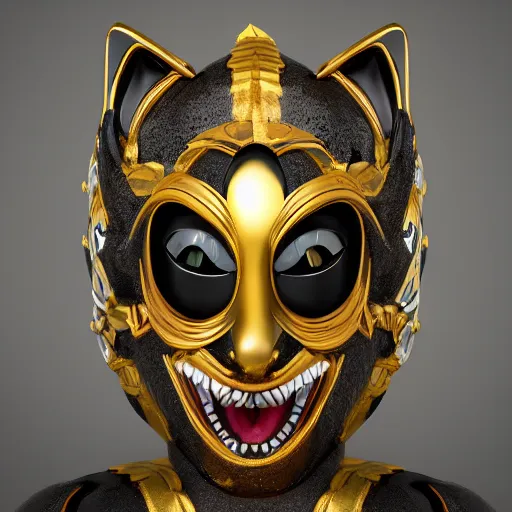 Prompt: portrait of an evil screaming cat marble statue, black and gold, venetian mask, by kim jung gi, irakli nadar, bright vivid colors, octane render, corona render