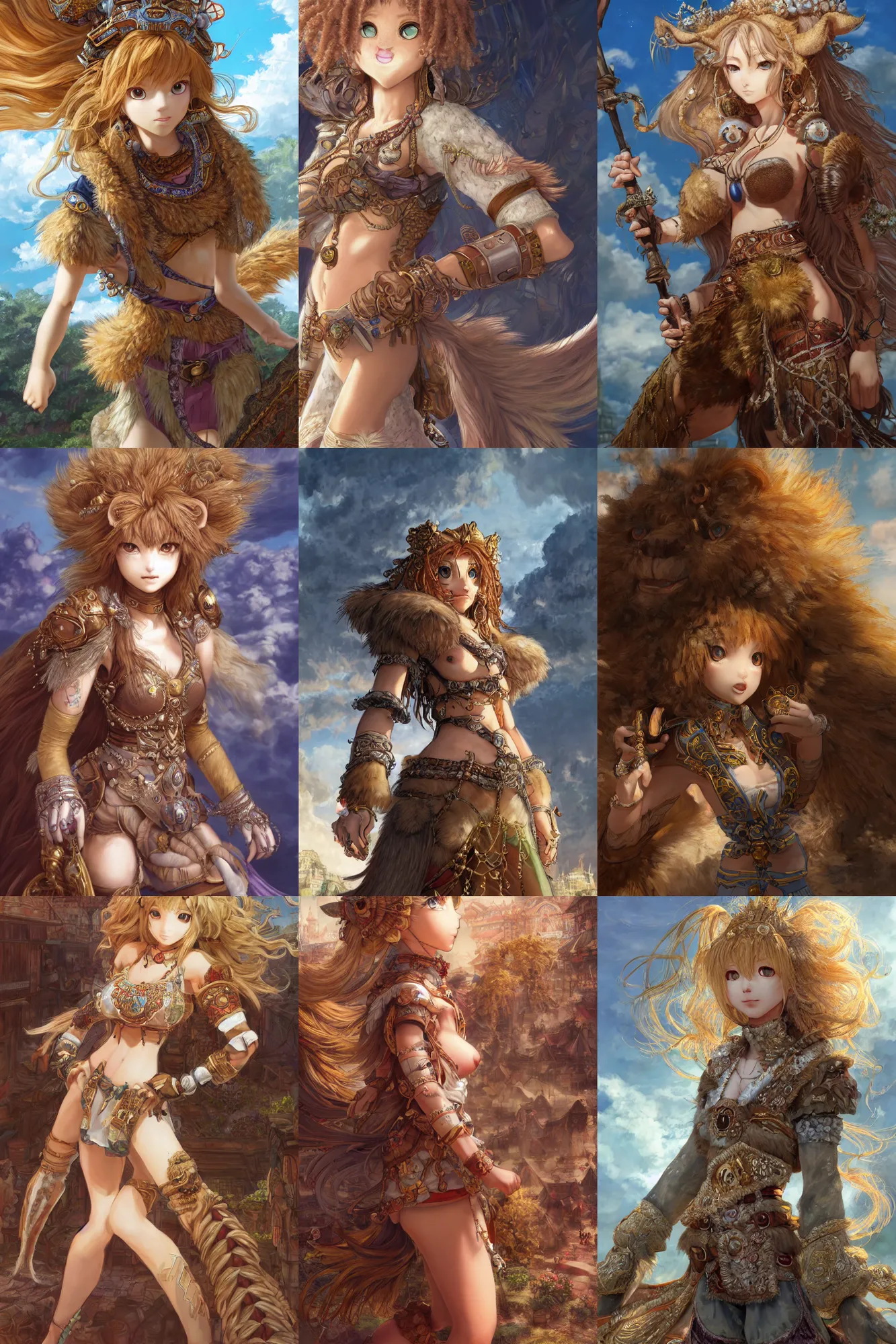 Prompt: furry art, character portrait of the female anthro lion princess with gorgeous detailed eyes in the marketplace in the sky, color page, tankoban, 4 k, tone mapping, doll, akihiko yoshida, james jean andrei riabovitchev marc simonetti, yoshitaka amano, long hair, curly, h. hydrochaeris