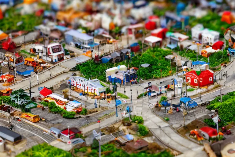 Image similar to miniature town made of sushi, tilt shift photography, diorama picture, 5 5 mm, trending on art station