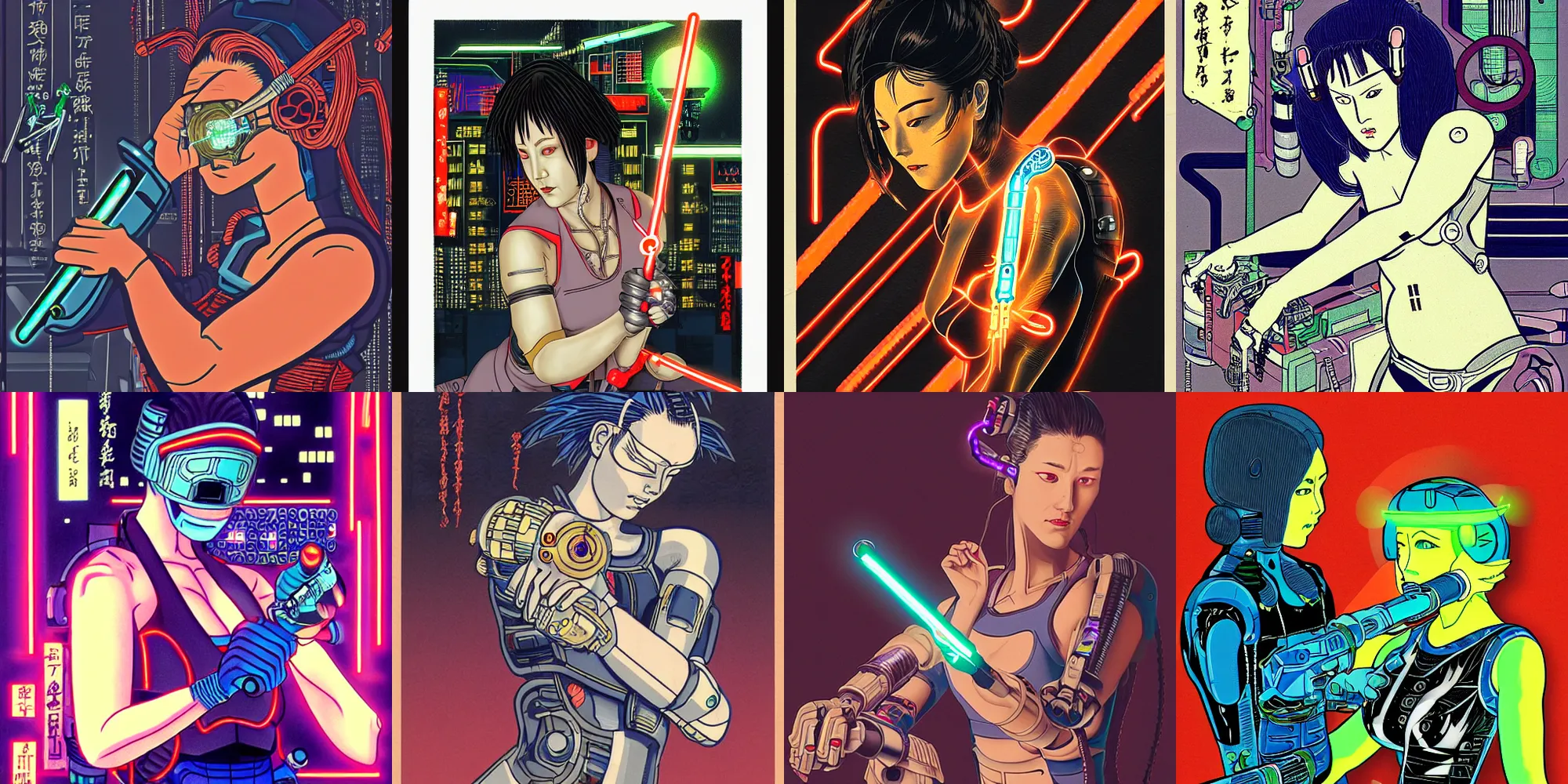 Prompt: cyberpunk, cyborg woman repairing her cybernetic arm with a sonic screwdriver, detailed, ukiyo-e, neon, Sergiy Polobyuk, Vitaliy Bondarchuk