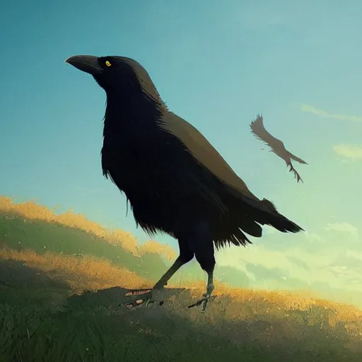 Prompt: a wholesome animation key shot of a crow on a hill, studio ghibli, pixar and disney animation, sharp, anime key art by greg rutkowski, bloom, dramatic lighting