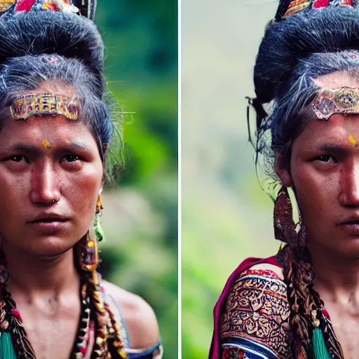 Prompt: portrait of a stunningly beautiful nepali tribal female, depth of field, zeiss lens, detailed, symmetrical, centered, fashion photoshoot, by Annie Leibovitz and Steve McCurry, David Lazar, Jimmy Nelsson, Breathtaking, 8k resolution, extremely detailed, beautiful, establishing shot, artistic, hyperrealistic, beautiful face, octane render