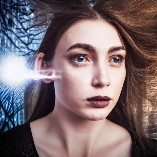 Prompt: hyperdetailed photo of a serious woman with light eyes in a cybercity, smoke behind her, looking down, wearing tight suit, inside berghain, classic, photo 3 5 mm leica, hyperdetail, 8 k, very detailed, fine face
