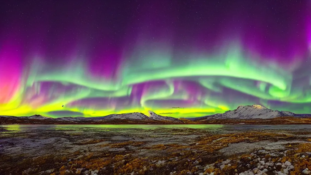 Image similar to ignis fatuus, aurora borealis, mountains in the distance, multiple moons, future city