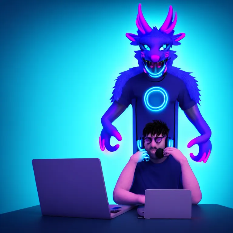 Prompt: an anthropomorphic male blue dragon fursona wearing an indigo t - shirt, headphones on his head, laptop, neon lights, furry, vivid saturation, 3 d render, octane render