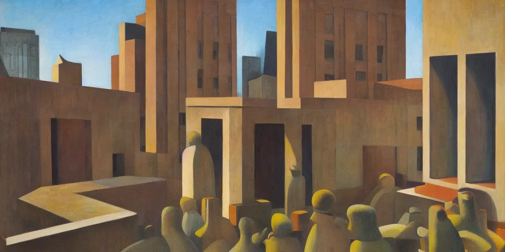 Prompt: brutalist architecture, fantastical courtyard, grant wood, pj crook, edward hopper, oil on canvas