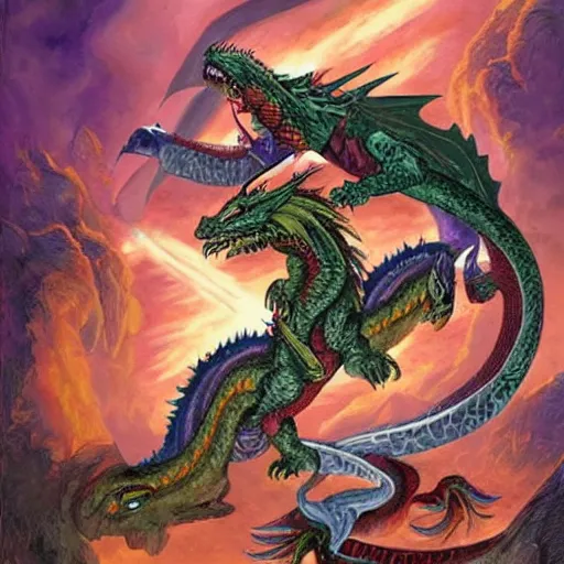 Image similar to full - color fantasy art by chris achilleos of a male barbarian riding a serpent - like dragon.