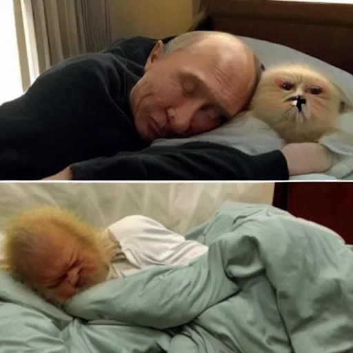 Image similar to putin sleeping in bed next to yoda