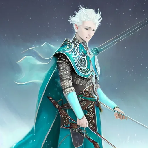 Image similar to half length portrait of a handsome male snow elf in a turquoise cape and silver ornate armour as an archer, albino skin, pale pointed ears, ethereal opalescent mist, moonlight snow, perfect face, elegant, very coherent symmetrical artwork, atmospheric lighting, rule of thirds, by wenjun lin, krenz cushart, charlie bowater, trending on artstation