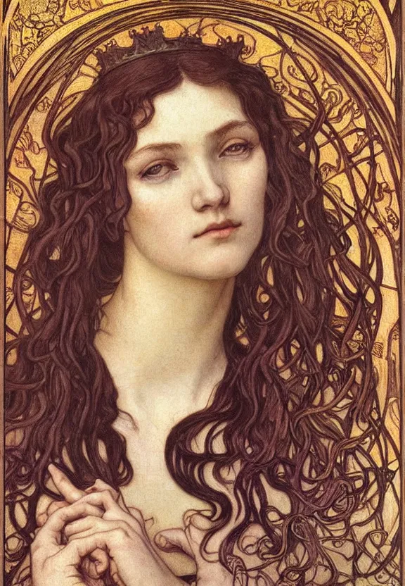Image similar to detailed realistic beautiful young medieval queen face portrait by jean delville, alphonse mucha, vincent van gogh, and marco mazzoni, art nouveau, symbolist, visionary, gothic, pre - raphaelite