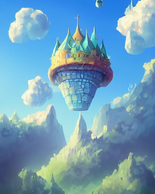 Image similar to flying cloud castle, bubble buildings, illustration, bright, blue sky, mountains, colorful, cinematic lighting, fantasy, high detail, masterpiece, artstation, 4 k, art by wylie beckert