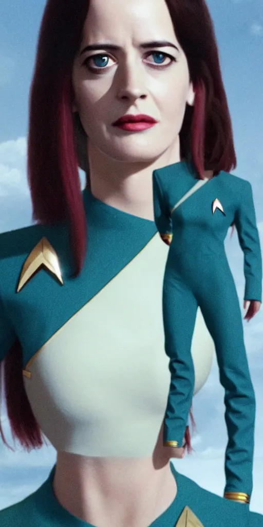 Image similar to a full body photograph of 3 0 year old eva green as a star fleet officer from star trek next generation, ultra rendered, extreme realism and detail, 8 k, highly detailed, realistic, completely framed, hyper realistic, colorful, direct lighting, 3 5 mm photo, photorealistic, sharp focus