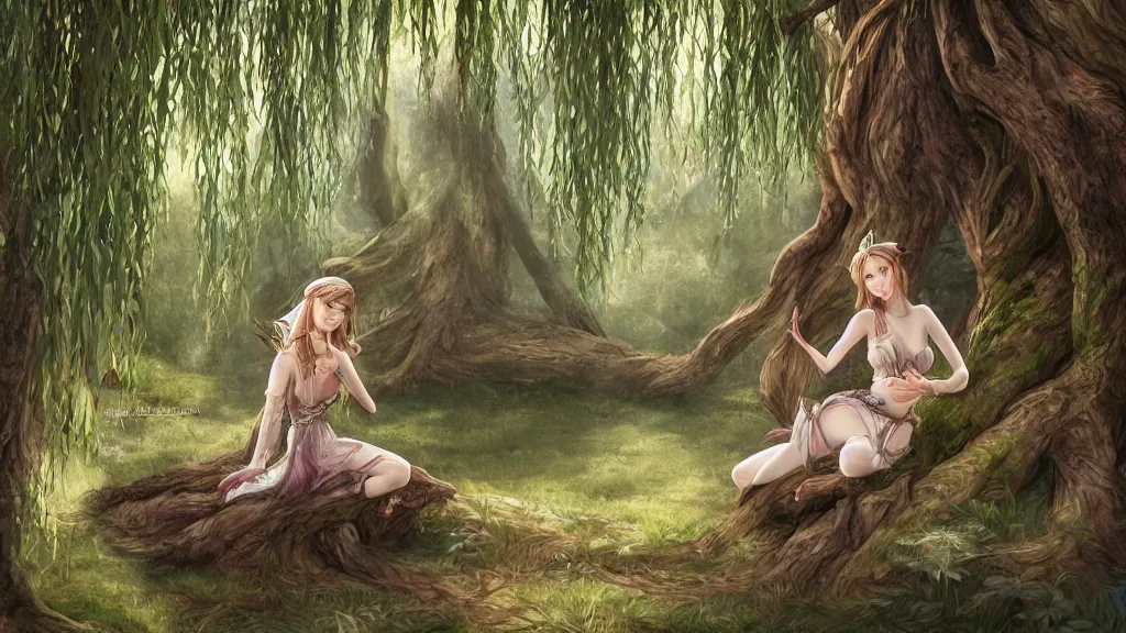 Prompt: female elf relaxing under large willow tree, natural lighting, D&D, fantasy, intricate, elegant, highly detailed, digital painting, sharp focus, illustration