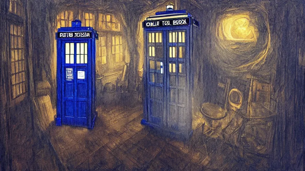 Image similar to an oil painting in the style of alan lee depicting the inside of the tardis