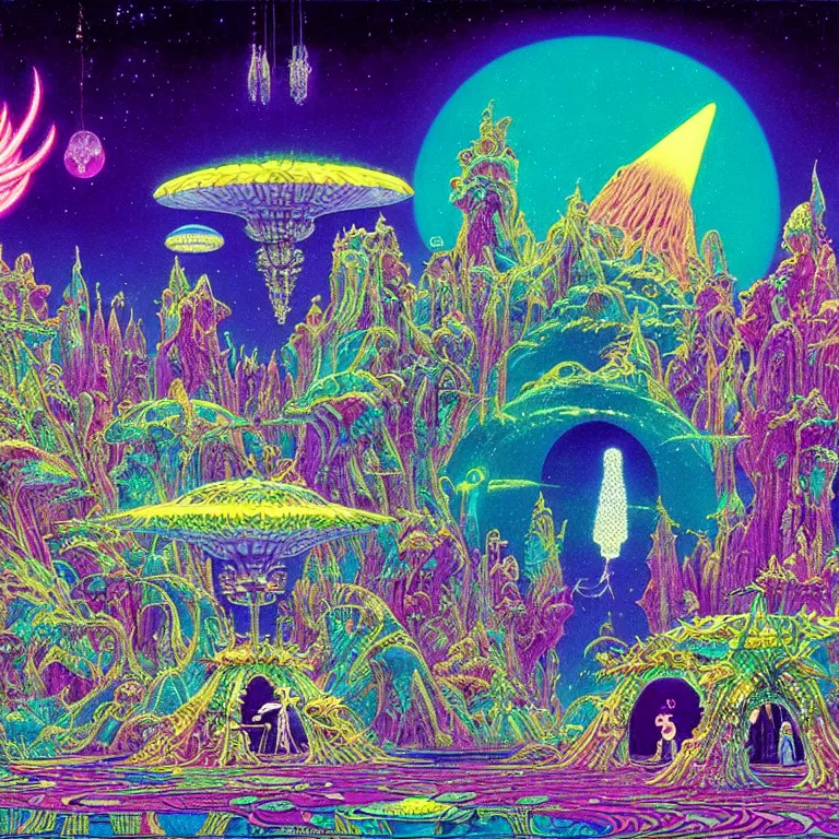 Image similar to mysterious ufo hovering over magical crystal temple, bright neon colors, highly detailed, cinematic, hiroo isono, tim white, philippe druillet, roger dean, lisa frank, aubrey beardsley, ernst haeckel