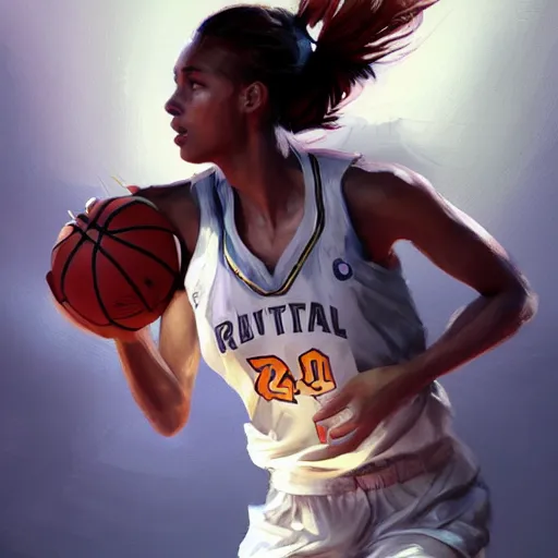 Image similar to painting of an woman basketball player, greg rutkowski, cg worker artstation