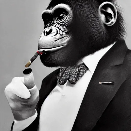 Image similar to a high detail photo of an antropomorphic chimp wearing a suit smoking a cigarrette, subject= chimp, subject detail: wearing a suit, subject action: smoking a cigarrette photorealism