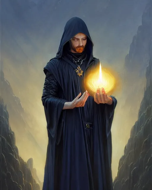 Image similar to handsome mage meditating holding a tellurion! on a chain, long black hair blue eyes wearing leather mantle gothic navy cloak with gold details, cliffside town, fantasy character portrait, hyperrealism, concept art, intricate details, highly detailed by greg rutkowski, ilya kuvshinov, gaston bussiere, craig mullins, simon bisley