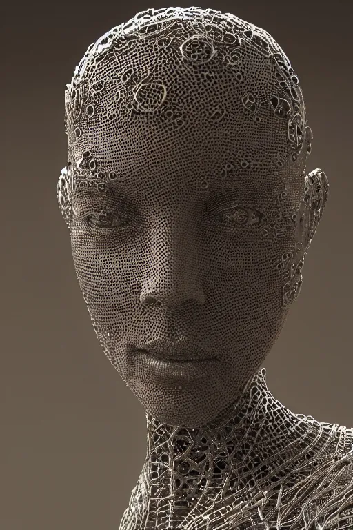 Image similar to a melancholic realistic 8k Sculpture of a complex robotic human face, liquid simulation, dramatic lighting, silver gold red details, hexagonal mesh wire, filigree intricate details, cinematic, fleshy musculature, white blossoms, elegant, octane render, art nouveau, 8k post-processing, intricate artwork by WLOP