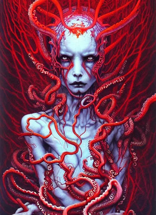 Prompt: a female demon with tentacles and white wings, on background red lake on fire, highly detailed, art by Ayami Kojima, Beksinski, Giger