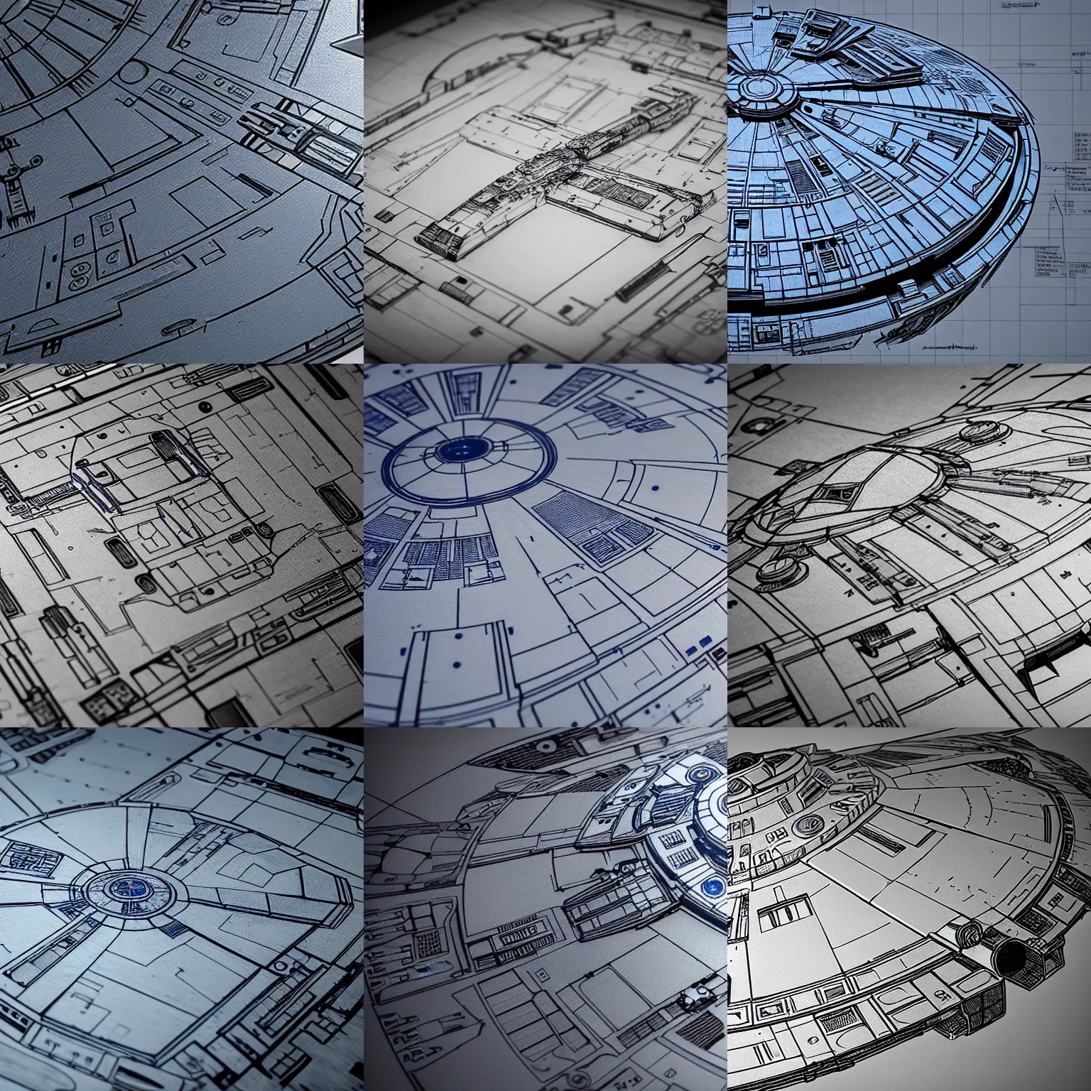 Prompt: blueprints of the millennium falcon on an old table, ultra detail, hyper detailed, realism, 8 k resolution