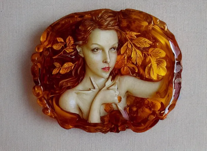 Image similar to lush apple and pear orchard fairy foliage painting carved in amber by chiara bautista and norman rockwell and greg rutkowski weta studio