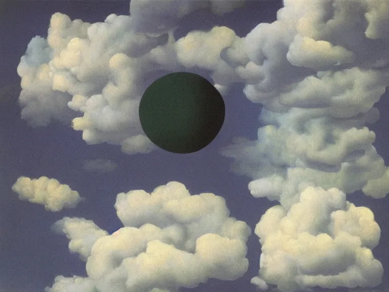 Prompt: room full of clouds, painting by rene magritte, centered, high detail, high resolution