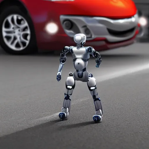 Prompt: a humanoid robot pushing a car, photorealistic, ultra realistic, hyper real, photo real,