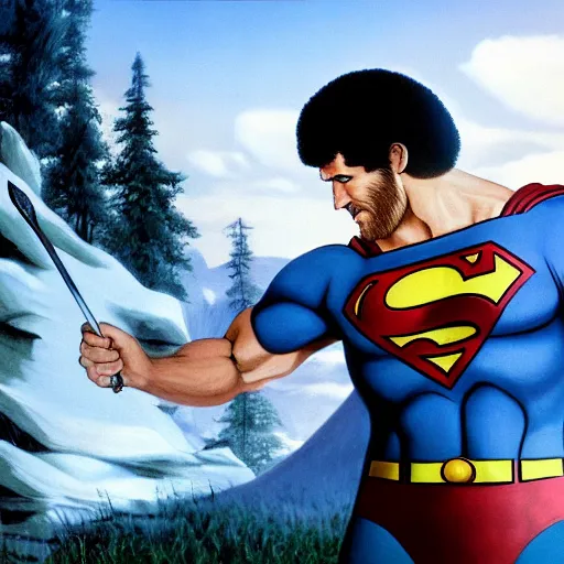 Image similar to a closeup photorealistic photograph of bob ross working on a canvas painting of superman. film still. brightly lit scene. mountains and trees. this 4 k hd image is trending on artstation, featured on behance, well - rendered, extra crisp, features intricate detail, epic composition and the style of unreal engine.