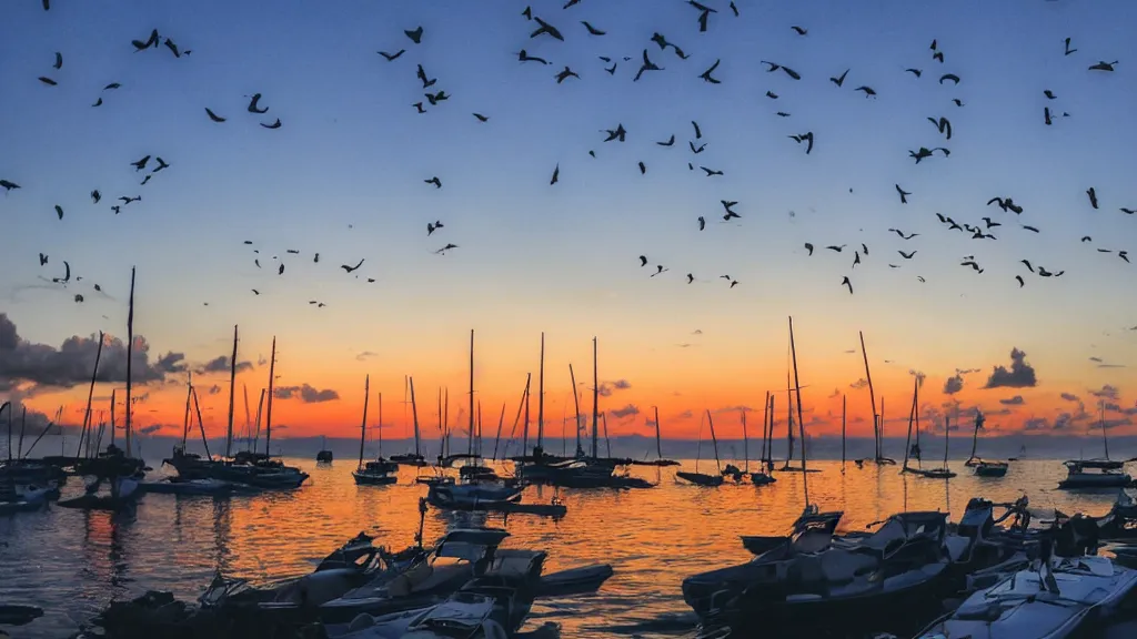 Prompt: sunset on caraibes, some boats, a few birds in the sky, sharp focus, photography 35 mm lens, paisible night lighting, incredible art photo shot