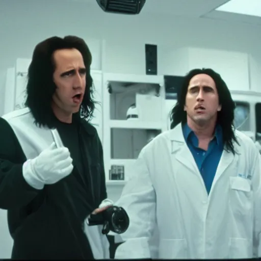 Image similar to filmic extreme close up shot movie still 4 k uhd interior 3 5 mm film color photograph of nicolas cage and tommy wiseau as two scientists arguing and yelling in a lab in antartica