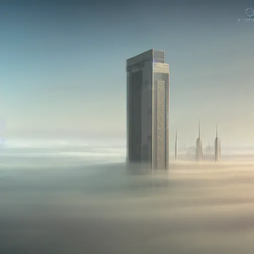 Prompt: singular!!! solarpunk skyscraper rising from an opaque carpet of fog in an otherwise clear sunny day. lateral view showing the building from top to bottom. dynamic perspective, surrealism, concept art by dom qwek, trending on cg society, neofuturism, futuristic, volumetric lighting, aesthetic. digital matte painting