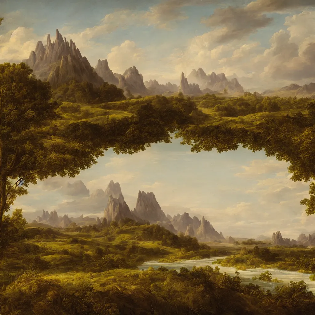 Prompt: a wide angle landscape of a prairie with a very large thin spire mountain in the distance and a wide river running in the middle of the frame with a city upon the river in the style of rococo digital painting