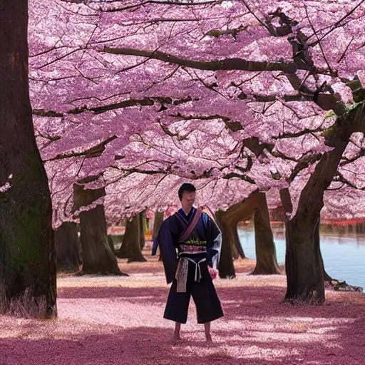 Prompt: samurai standing under a blossom tree