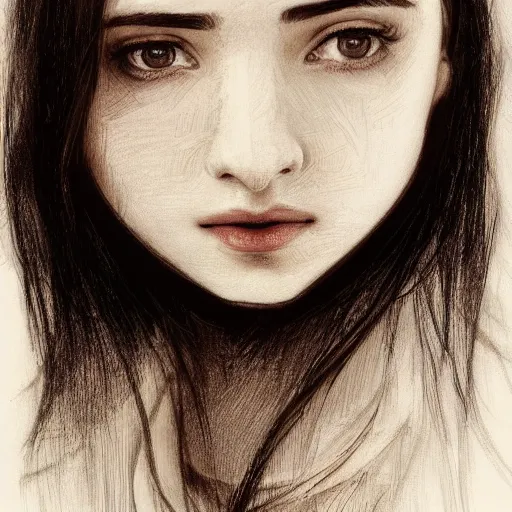 Image similar to pen and ink sketch of a welsh teenage girl with brown hair, glowing skin, delicate features, amelie poulain, fantasy, intricate, elegant, dress shirt and tie, highly detailed, digital painting, artstation, concept art, smooth, sharp focus, illustration, art by Krenz Cushart and Artem Demura and alphonse mucha, black and white