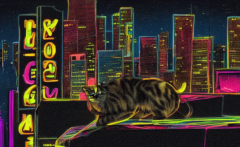 Prompt: a cat observing a neon city from the roof of a building at night, digital art, digital painting