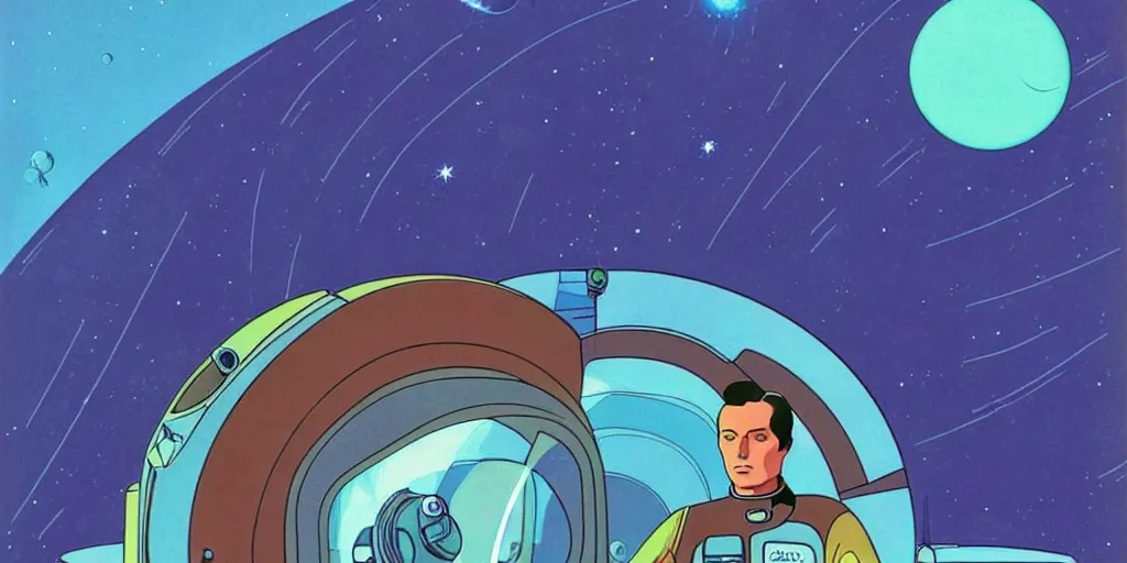 Image similar to a portrait of lonely single Alain Delon alone pilot in spacesuit on field forrest symmetrical spaceship station landing laying lake artillery outer worlds in FANTASTIC PLANET La planète sauvage animation by René Laloux