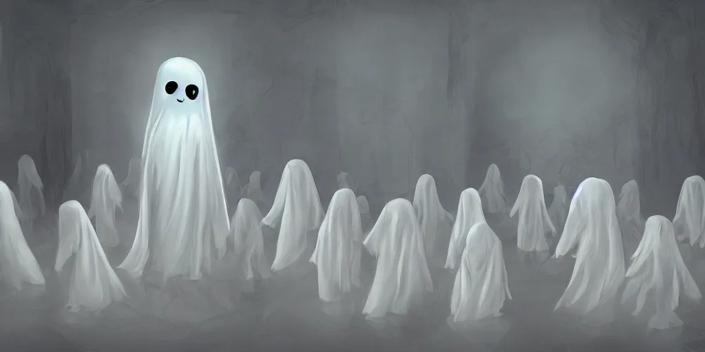 Prompt: Digital painting of a cute ghost scared in a big sparse white room with lots of little boys by Barclay Shaw by Greg Rutkowsky trending on Artstation