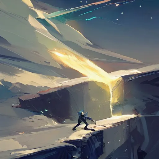 Image similar to black scrap metal pieces trailing behind blue chunk of ice hurtling through night sky, behance hd artstation by jesper ejsing by rhads, makoto shinkai and lois van baarle, ilya kuvshinov, ossdraws