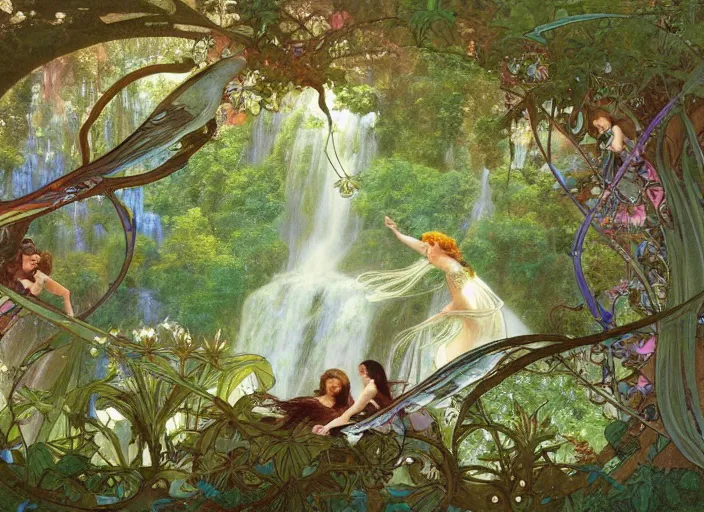 Image similar to bird's eye view, magical forest with a waterfall, lush trees, three fairies dancing around a maypole, magical, vivid colors, rule of thirds, a fantasy digital painting by alphonse mucha and john william waterhouse, trending on artstation, highly detailed, sharp lines