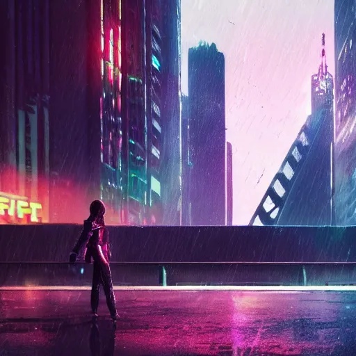 Image similar to gigantic shiny pyramid in the distance, brutalist, blade runner, sci fi, stunning detail, cityscape, cyberpunk, wet street, 8k, cinematic lighting, ultra realistic, colorful, neon, octane rendered,