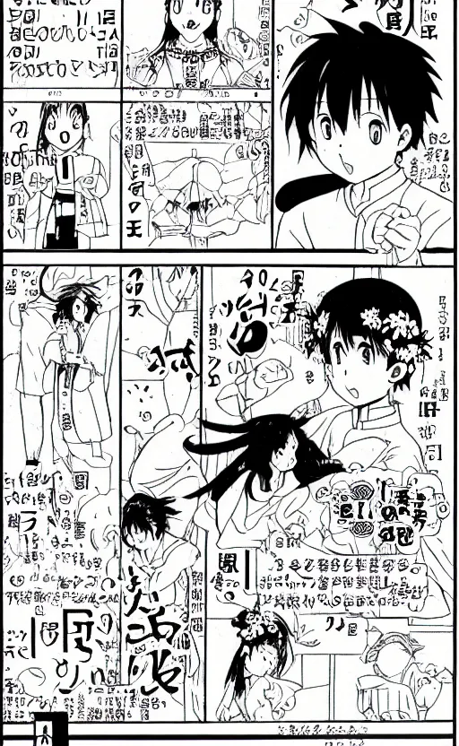 Prompt: a page of multi-panel manga by Naoko Takeuchi and Hayao Miyazaki, black and white manga comic, japanese text kanji, shoujo manga