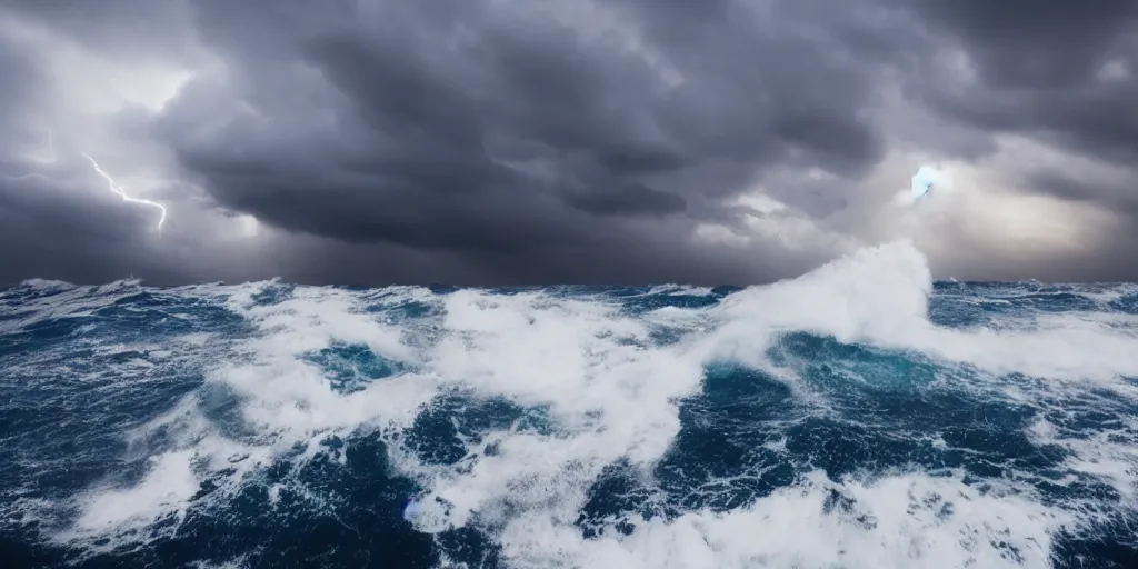 Prompt: in the middle of the ocean, huge waves, bellowing clouds, lightning, moody lighting, water droplets on the lens, volumetric lighting, 8 k