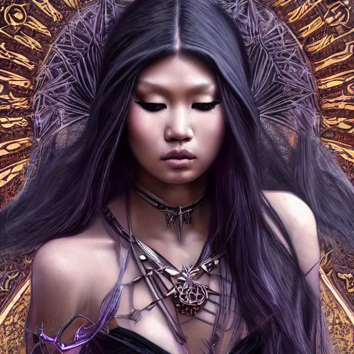 Prompt: ultra realistic illustration of asian beauty cj miles as a cyber shamanic witch casting am elderit h spell, intricate, elegant, highly detailed, digital painting, artstation, concept art, smooth, sharp focus, illustration, art by artgerm and greg rutkowski and alphonse mucha
