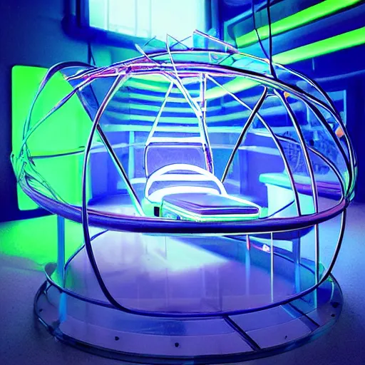 Prompt: futuristic sci - fi professional lighting. hobby diy engineering photo in a slick neon cyberpunk environment. tensegrity captain's chair integrated into a giant button laden cylindrical station inspired by the shape of a hooded chrome egg avocado bean armature on a dais.