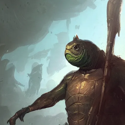 Image similar to anthropomorphic turtle hero, greg rutkowski