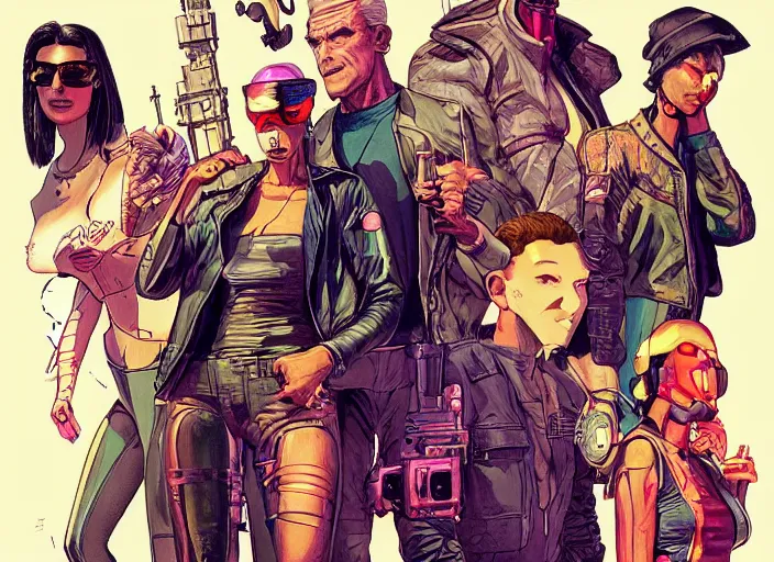 Image similar to cyberpunk heist crew. portrait by stonehouse and mœbius and will eisner and gil elvgren and pixar. character design. realistic proportions. dystopian. cyberpunk 2 0 7 7, apex, blade runner 2 0 4 9 concept art. cel shading. attractive face. thick lines.