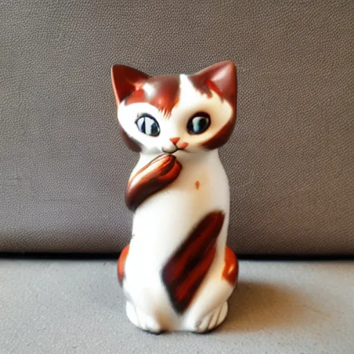 Image similar to demure anthropomorphic cat figurine wearing a kimono, brown resin, highly detailed, intricate, monotone, shy looking down