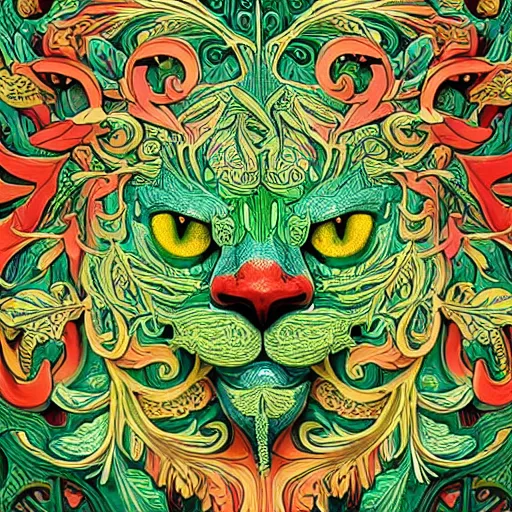 Prompt: beautiful colourful highly detailed incredibly ornate decorative green man as a cat face 3 d sculplture by walter crane and william morris and kilian eng, closeup, twisting leaves, tiny fine flowing lines, abstract psychedelic, 8 k, artstation